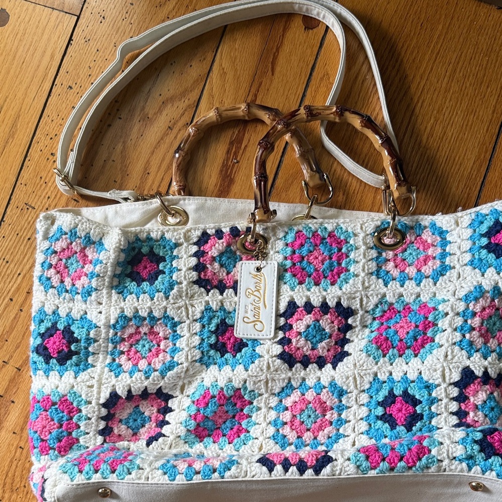 MC2 Saint Barth Multicolor Crochet Tote with Bamboo Handles